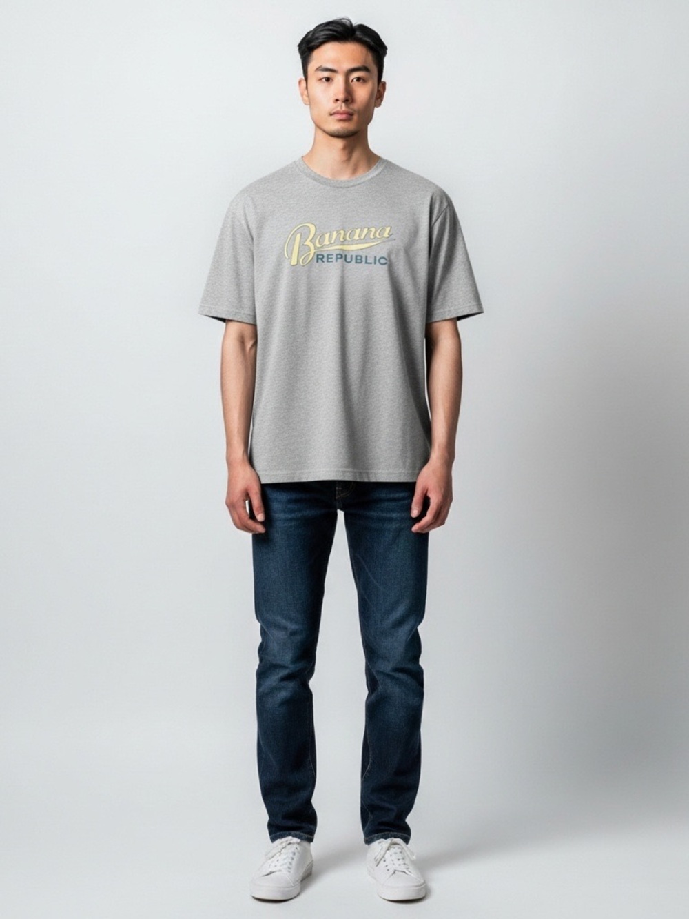 Banana Republic Gray Short-Sleeve Logo Crewneck Tee with Yellow & Navy Script